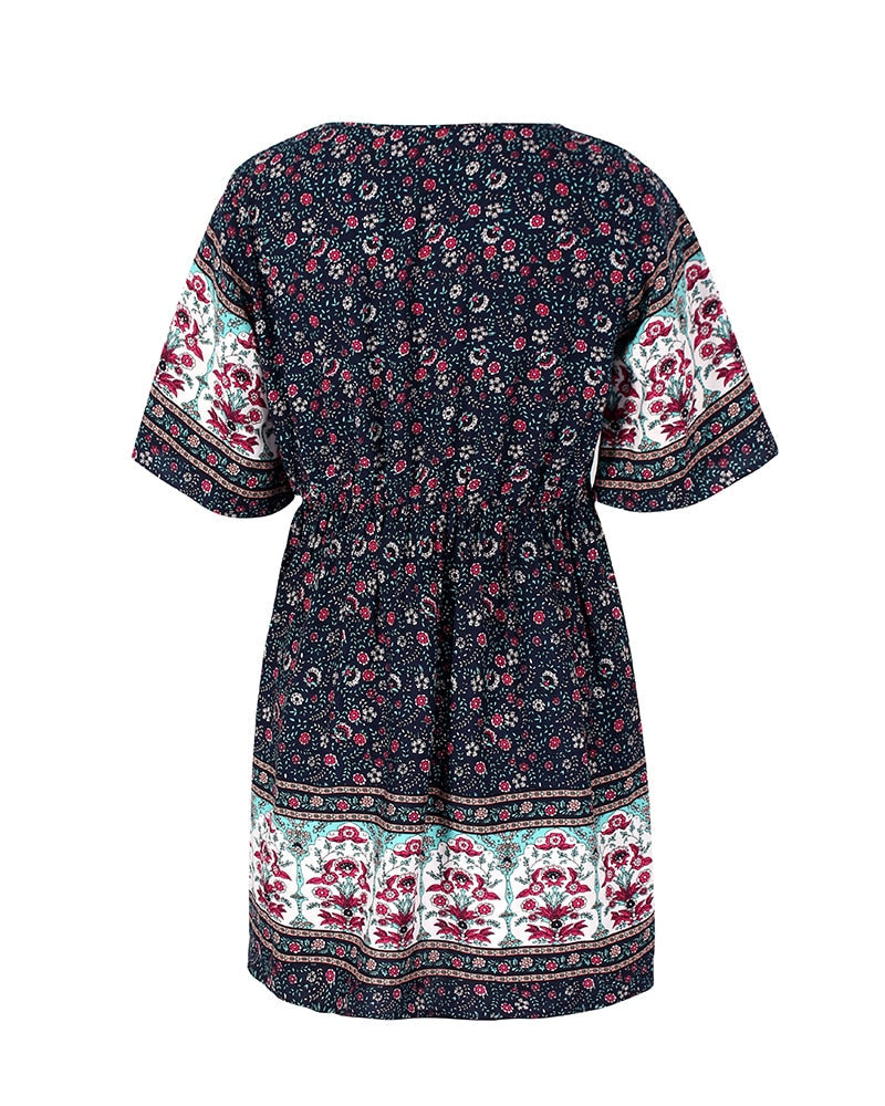 New Floral Print Summer Casual V Neck Bohemian Short Sleeve Dress For Woman