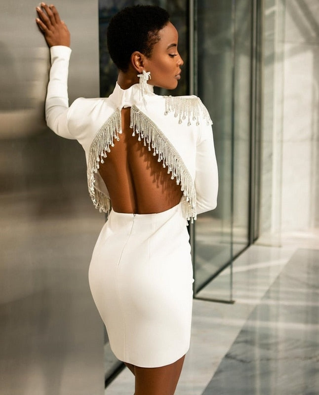 High-Quality Red Black Sparkly Backless Diamonds Tassel Rayon Bandage Dress