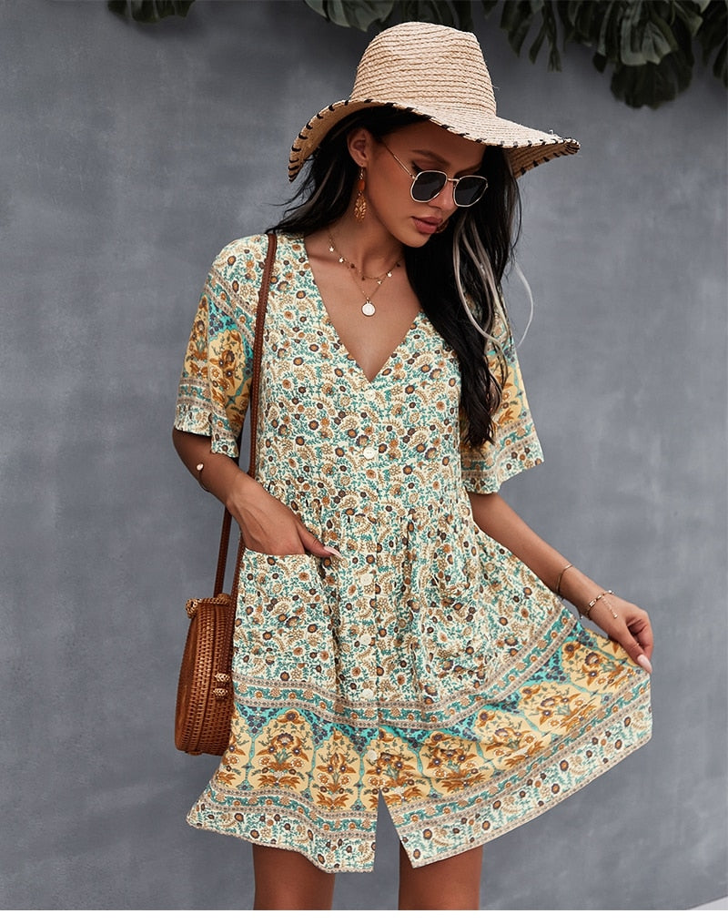 New Floral Print Summer Casual V Neck Bohemian Short Sleeve Dress For Woman