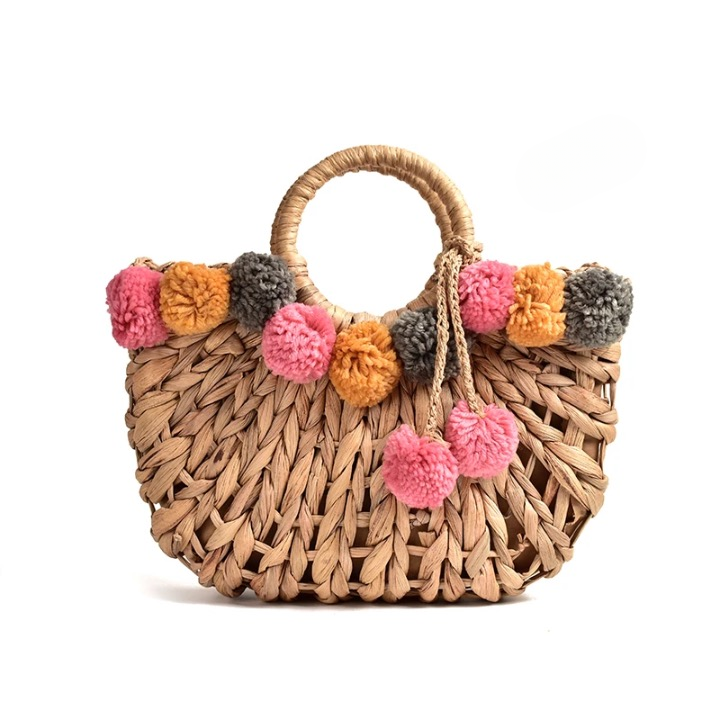 Lilac PomPom Chunky Straw Bag