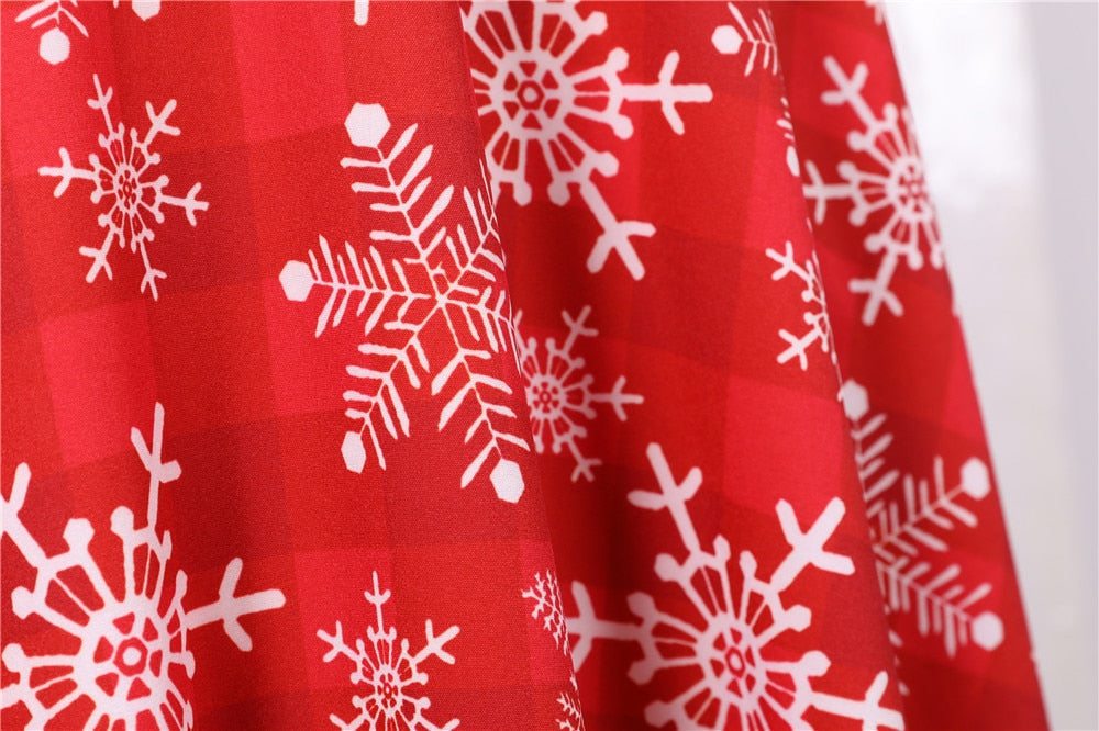 Snowflake Printed Red V-Neck Wrap High Waist Vintage Robe Christmas Dress