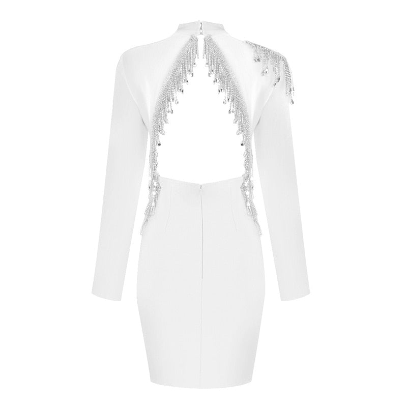 High-Quality Red Black Sparkly Backless Diamonds Tassel Rayon Bandage Dress