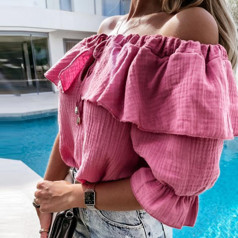 Off Shoulder Ruffles Blouse Shirts Color Lace-Up Tops Pullovers Casual Loose Blusa