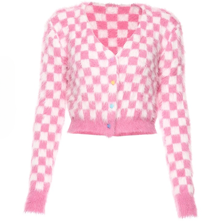 Limona Fuzzy Pink Checkerboard Cropped Cardigan