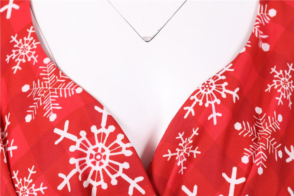 Snowflake Printed Red V-Neck Wrap High Waist Vintage Robe Christmas Dress