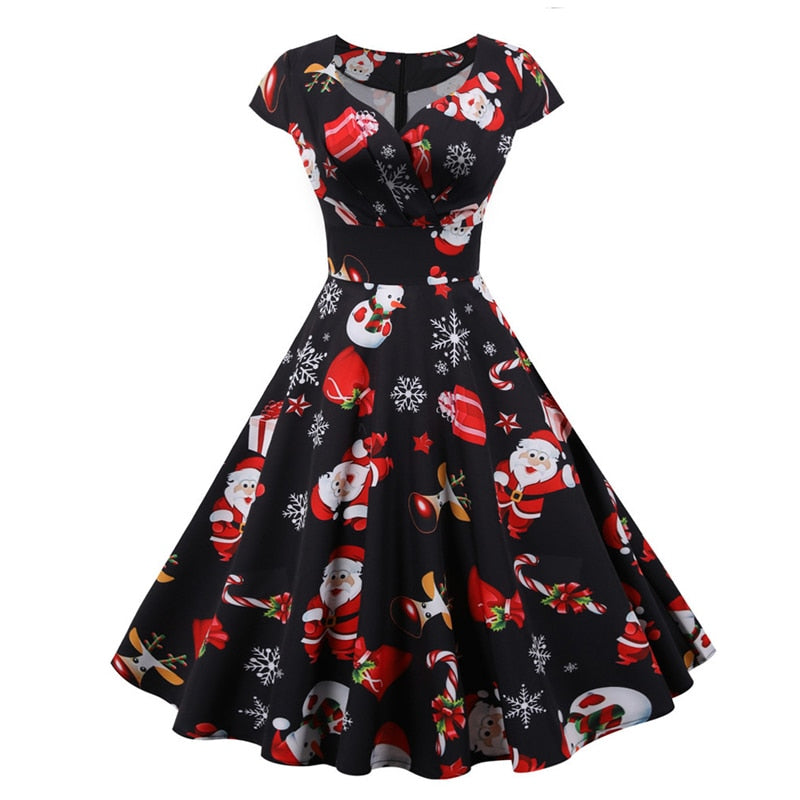 Snowflake Printed Red V-Neck Wrap High Waist Vintage Robe Christmas Dress