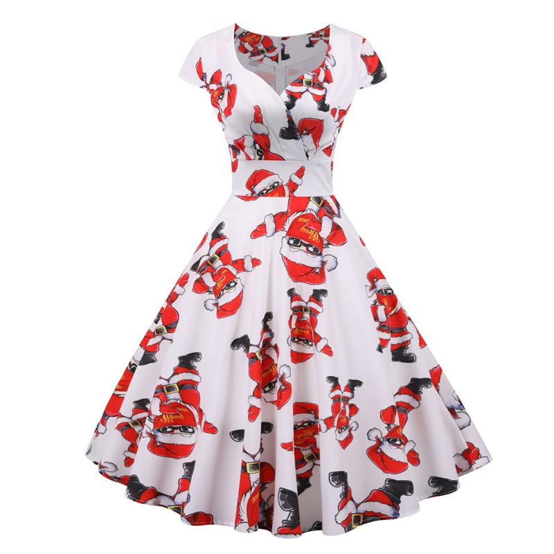 Snowflake Printed Red V-Neck Wrap High Waist Vintage Robe Christmas Dress