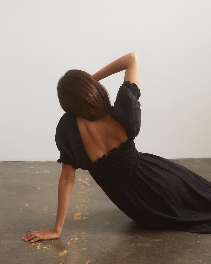 Summer Dresses For  Square Neck Smocked Short Puff Sleeve Vacation Beach Style