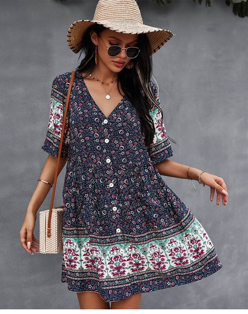 New Floral Print Summer Casual V Neck Bohemian Short Sleeve Dress For Woman
