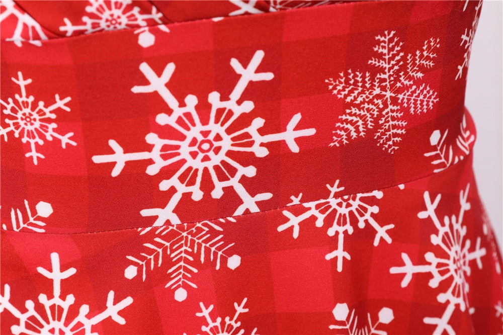 Snowflake Printed Red V-Neck Wrap High Waist Vintage Robe Christmas Dress