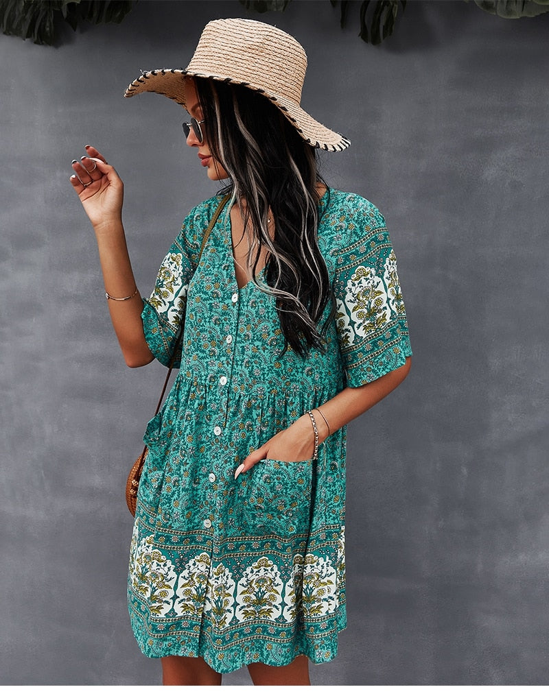 New Floral Print Summer Casual V Neck Bohemian Short Sleeve Dress For Woman