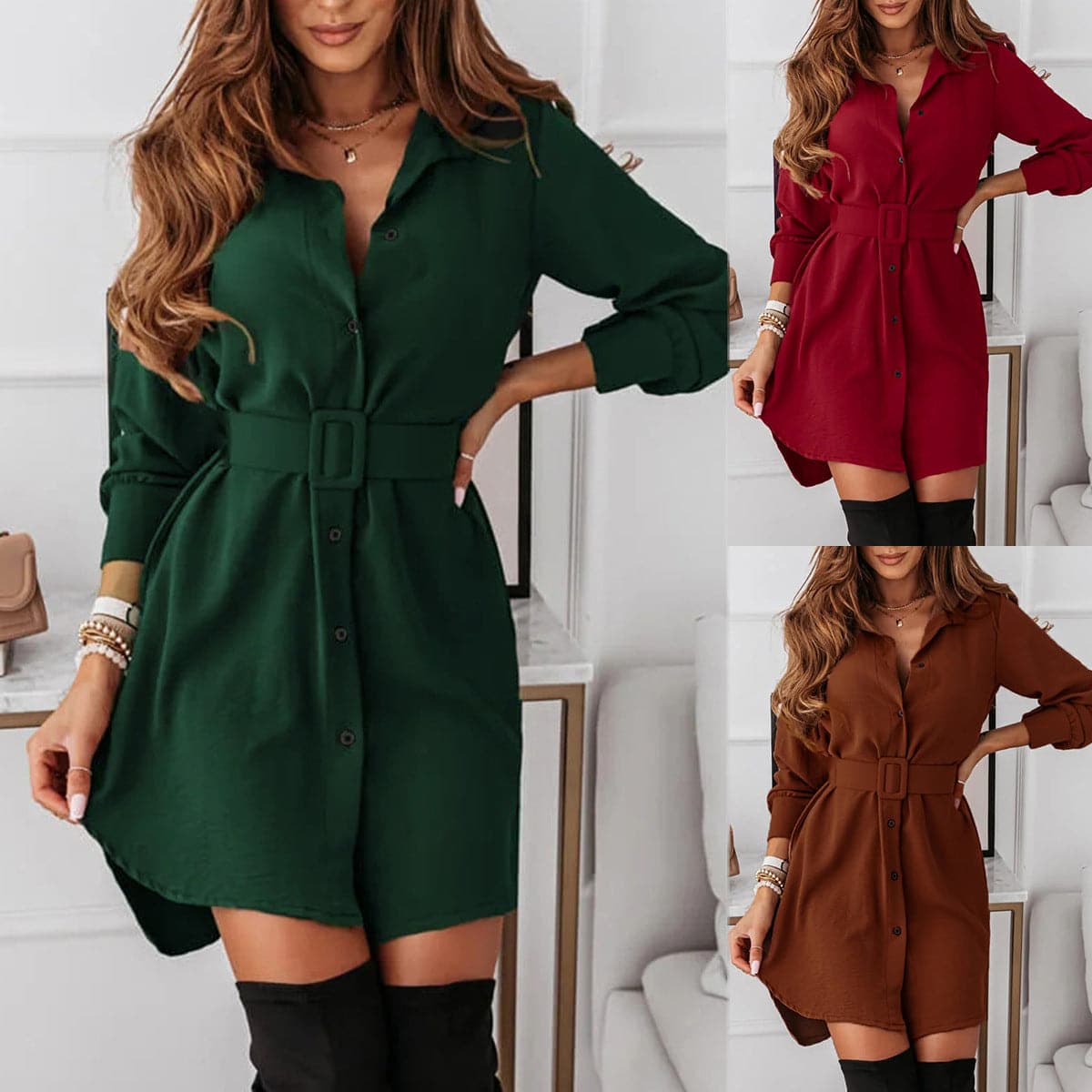 Fashion Solid Turn Down Collar Shirt Mini Dress
