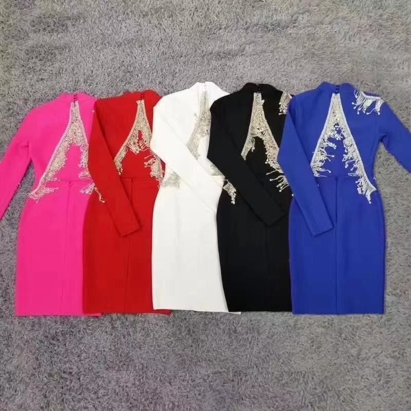 High-Quality Red Black Sparkly Backless Diamonds Tassel Rayon Bandage Dress