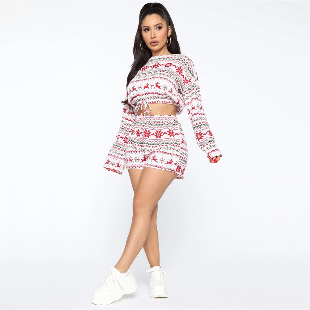 Christmas Pajama Sets Long Sleeve Crop Top Shorts 2Pcs Snowflake Print Knitted