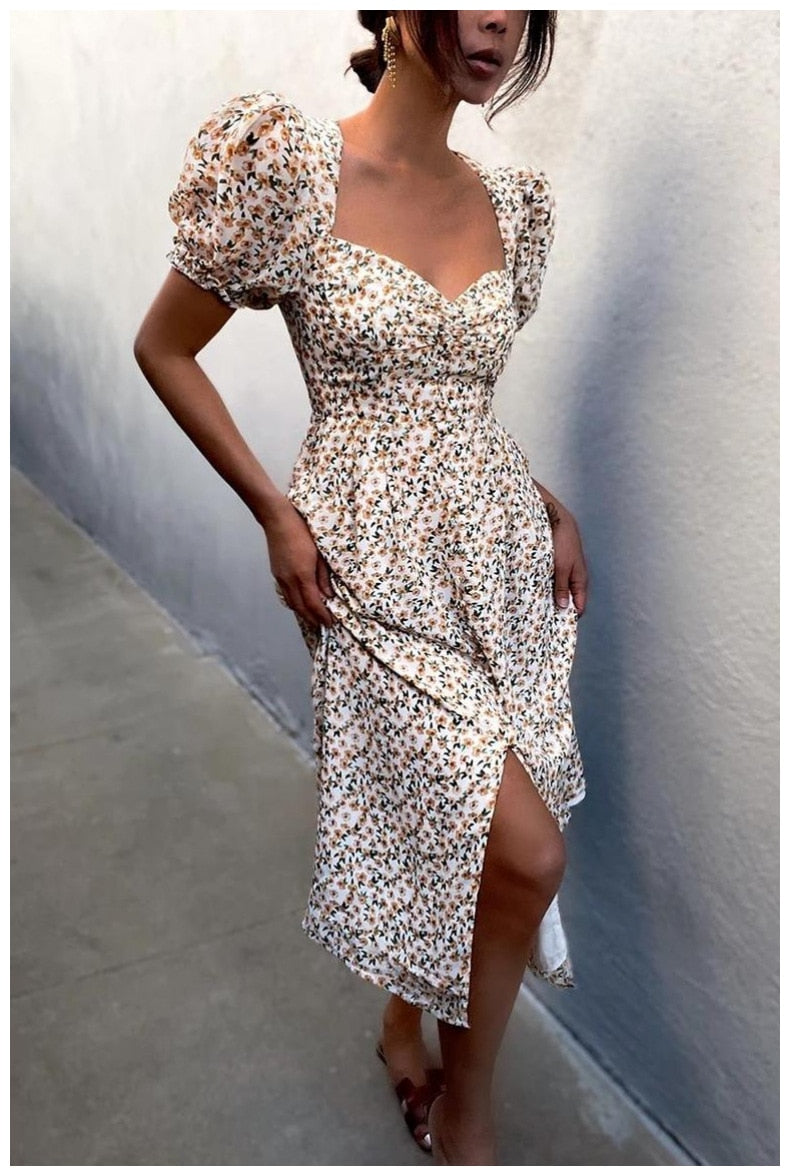 Midi Dress Vintage Floral Print Split Blue Sundress Elegant Party Beach Dress