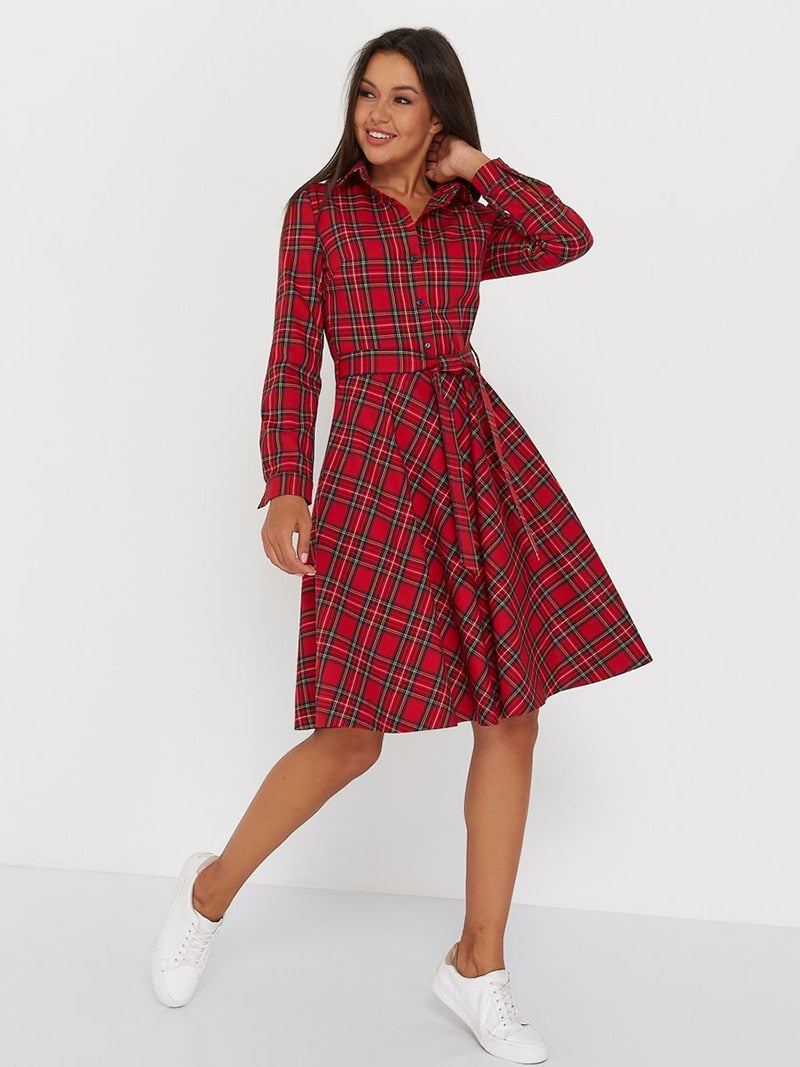 Vintage Scottish Plaid Shirt Dress Long Sleeve Turn-down Collar Belt Button A-line Casual Dresses