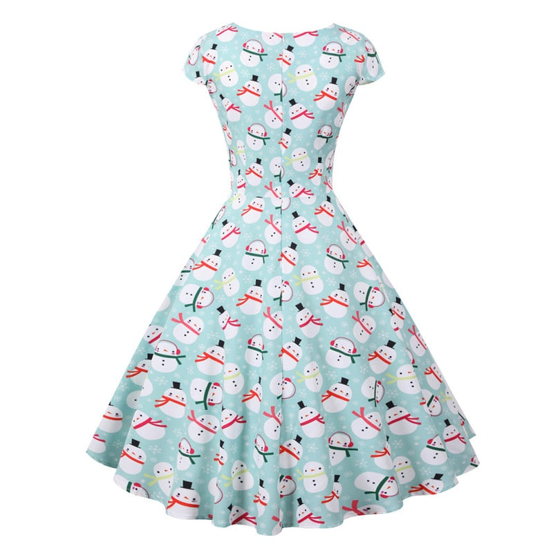 Snowflake Printed Red V-Neck Wrap High Waist Vintage Robe Christmas Dress