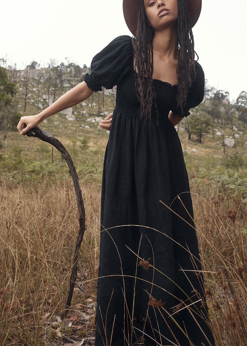 Summer Dresses For  Square Neck Smocked Short Puff Sleeve Vacation Beach Style