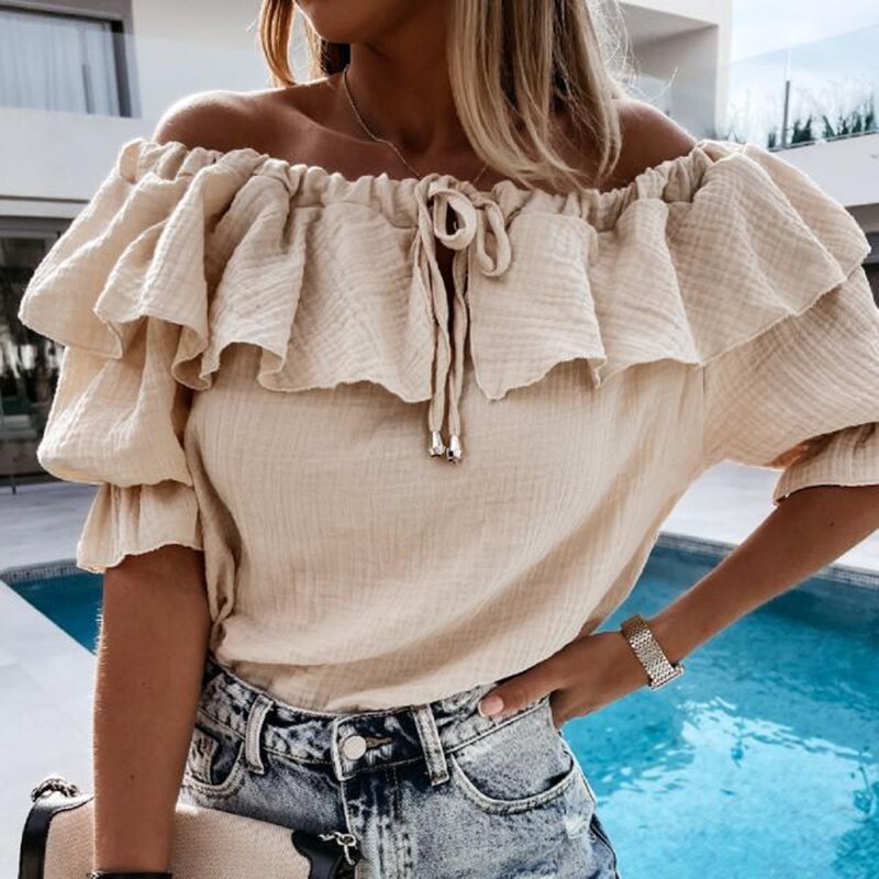 Off Shoulder Ruffles Blouse Shirts Color Lace-Up Tops Pullovers Casual Loose Blusa