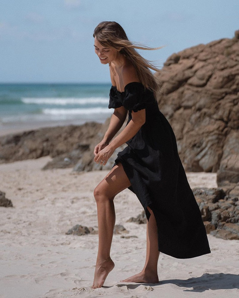 Summer Dresses For  Square Neck Smocked Short Puff Sleeve Vacation Beach Style