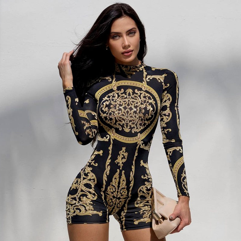 Classical Print O Neck Long Sleeve Romper
