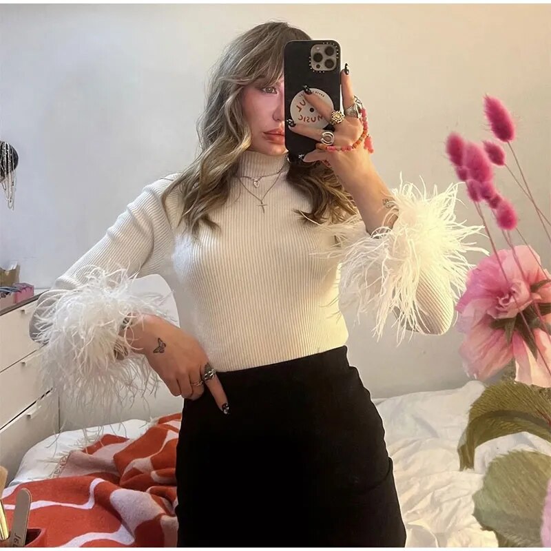 Heather Feather Cuff High Neck Cotton Ribbed Tops