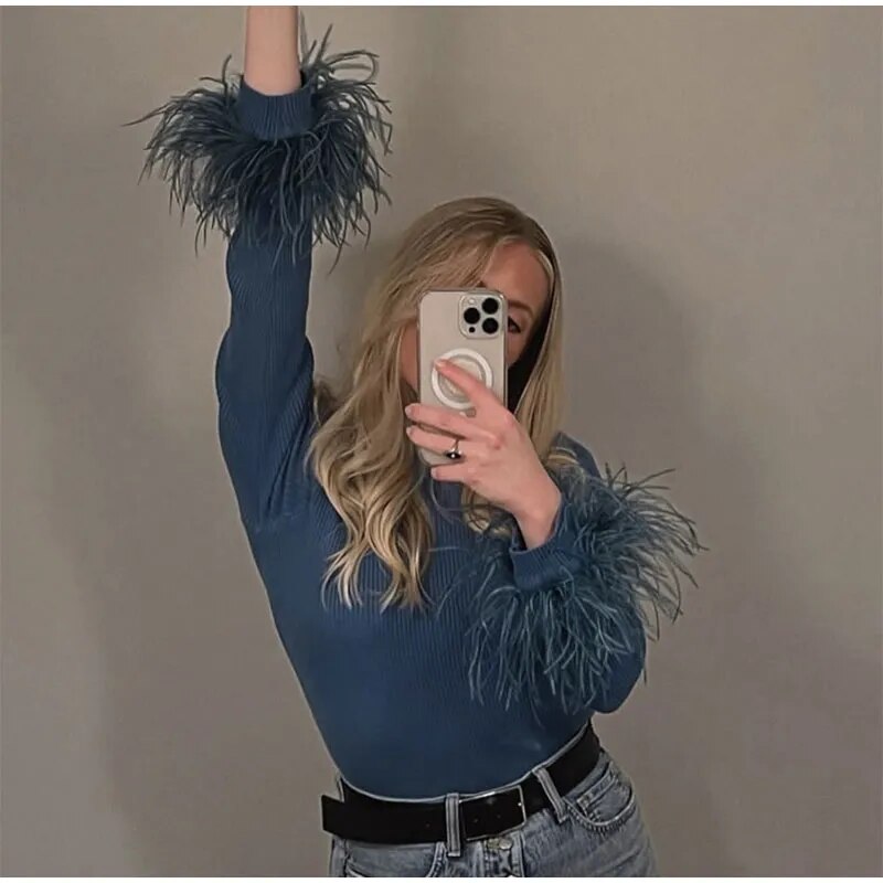 Heather Feather Cuff High Neck Cotton Ribbed Tops