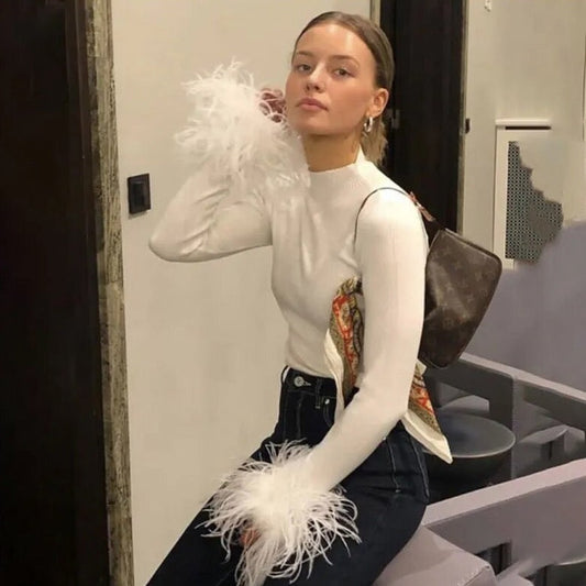 Heather Feather Cuff High Neck Cotton Ribbed Tops