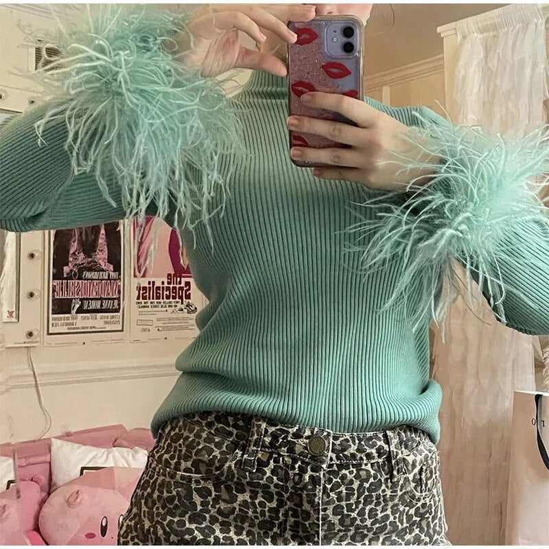 Heather Feather Cuff High Neck Cotton Ribbed Tops