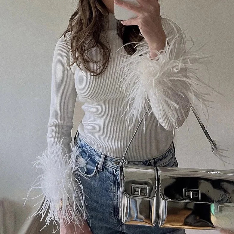 Heather Feather Cuff High Neck Cotton Ribbed Tops