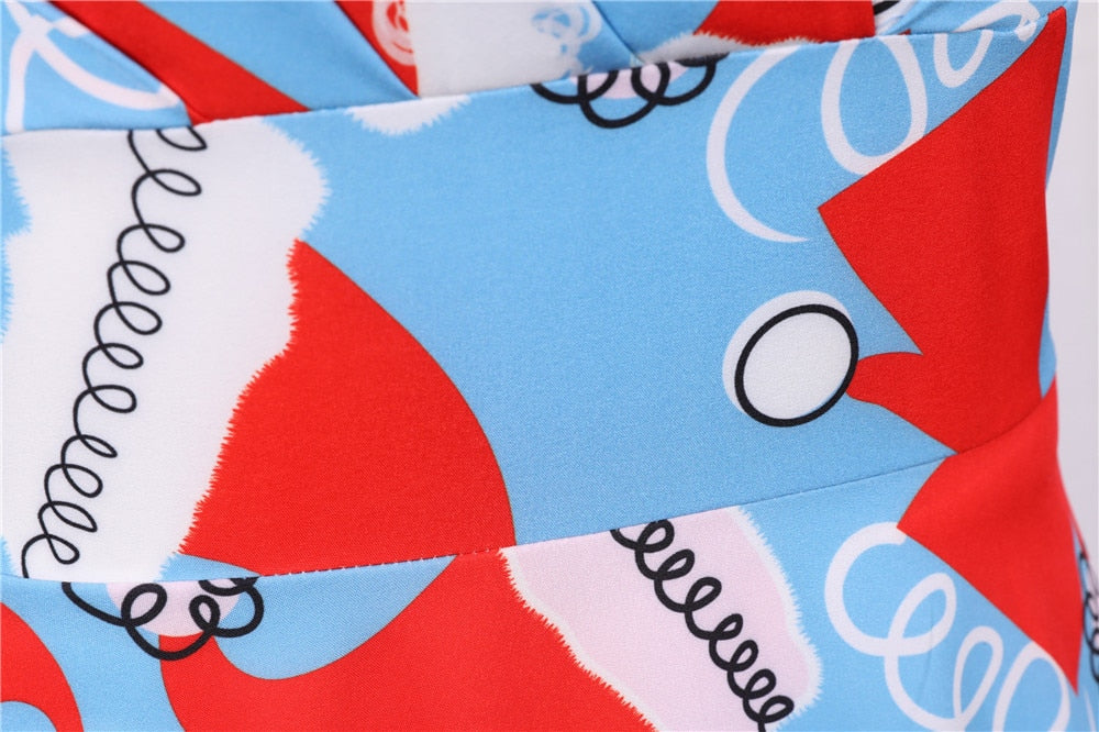 Snowflake Printed Red V-Neck Wrap High Waist Vintage Robe Christmas Dress