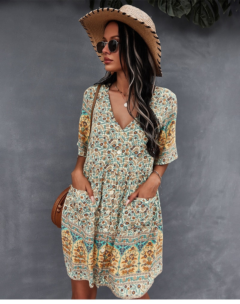 New Floral Print Summer Casual V Neck Bohemian Short Sleeve Dress For Woman