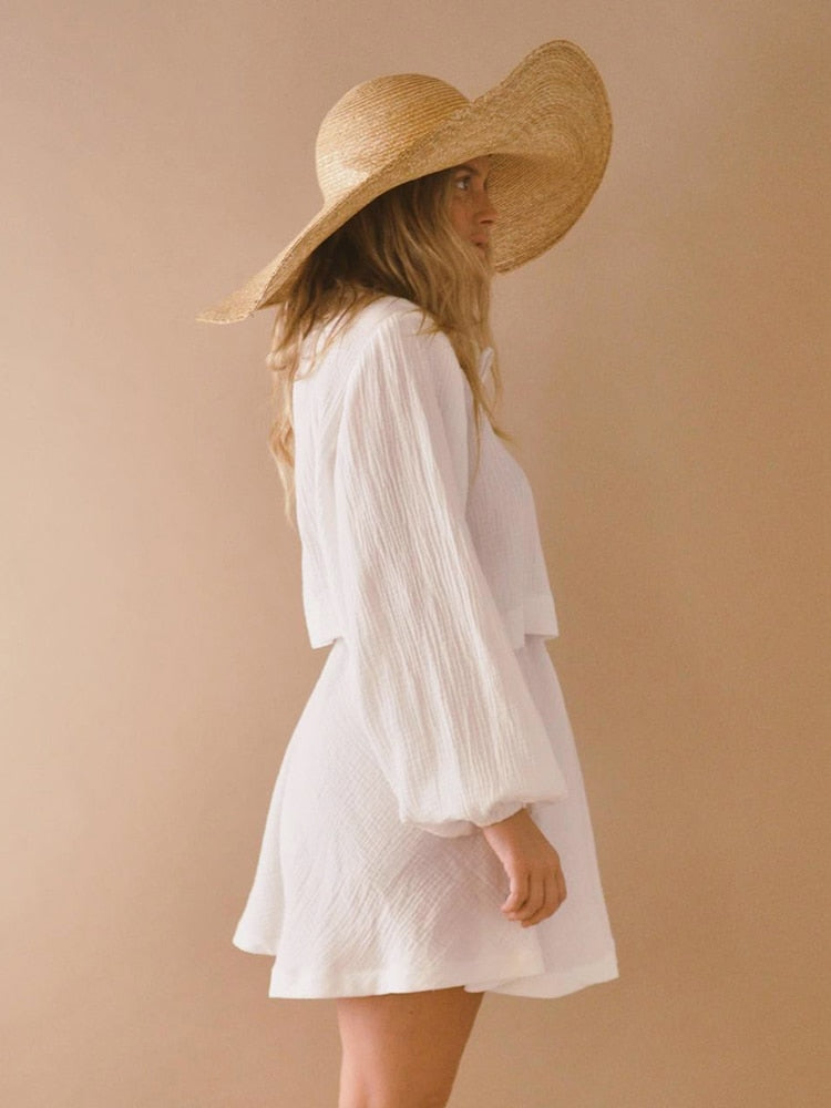 Heisey White Cotton Lacing Front Top and Shorts Set