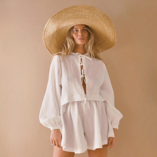 Heisey White Cotton Lacing Front Top and Shorts Set