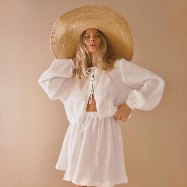 Heisey White Cotton Lacing Front Top and Shorts Set