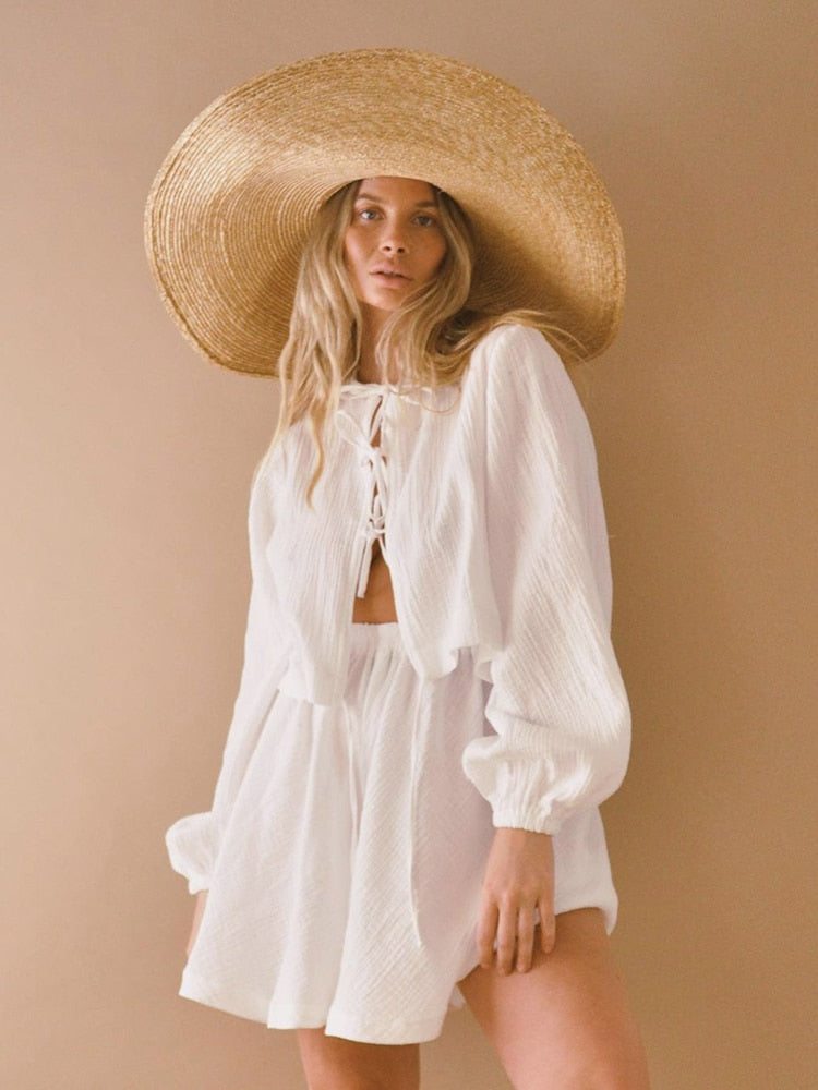Heisey White Cotton Lacing Front Top and Shorts Set