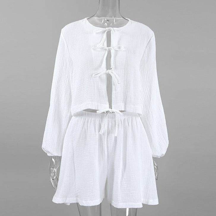 Heisey White Cotton Lacing Front Top and Shorts Set