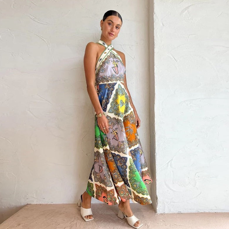Helga Geometry Print Halter Maxi Dress