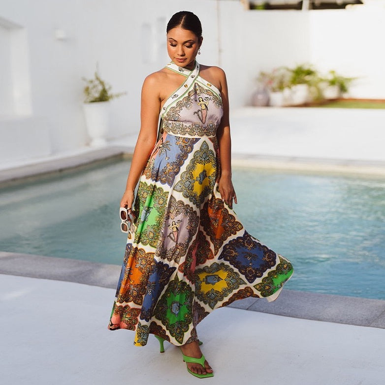 Helga Geometry Print Halter Maxi Dress