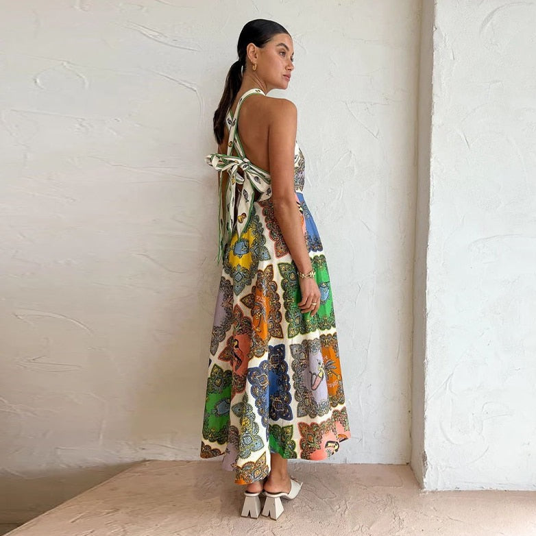 Helga Geometry Print Halter Maxi Dress
