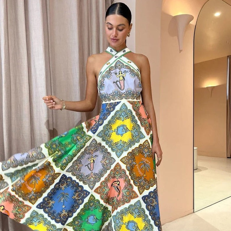 Helga Geometry Print Halter Maxi Dress