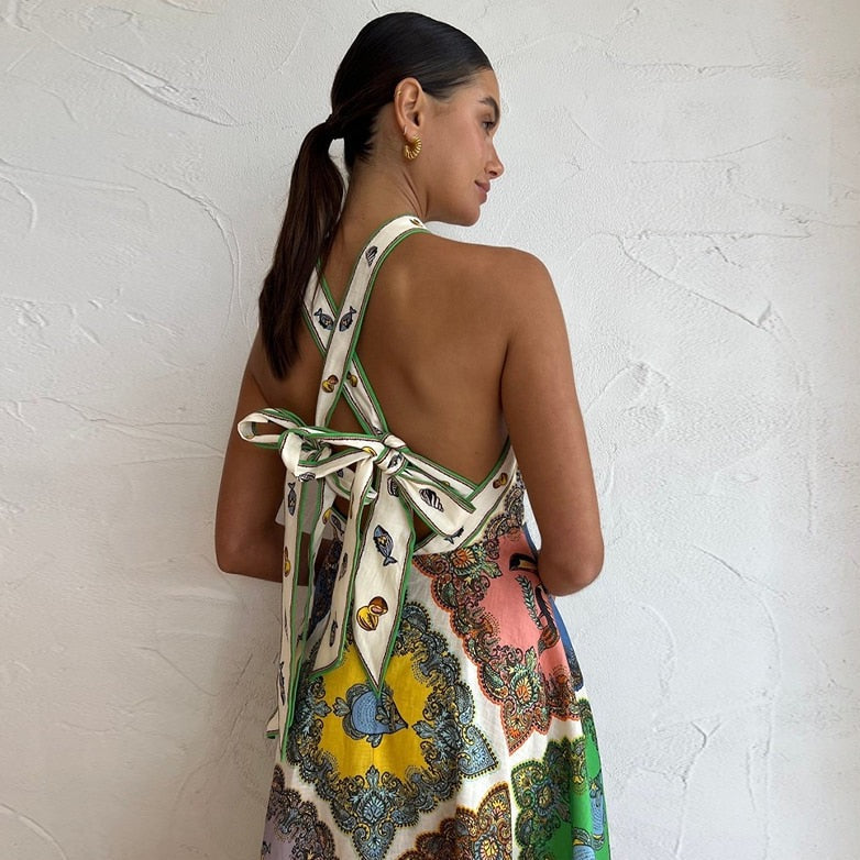 Helga Geometry Print Halter Maxi Dress