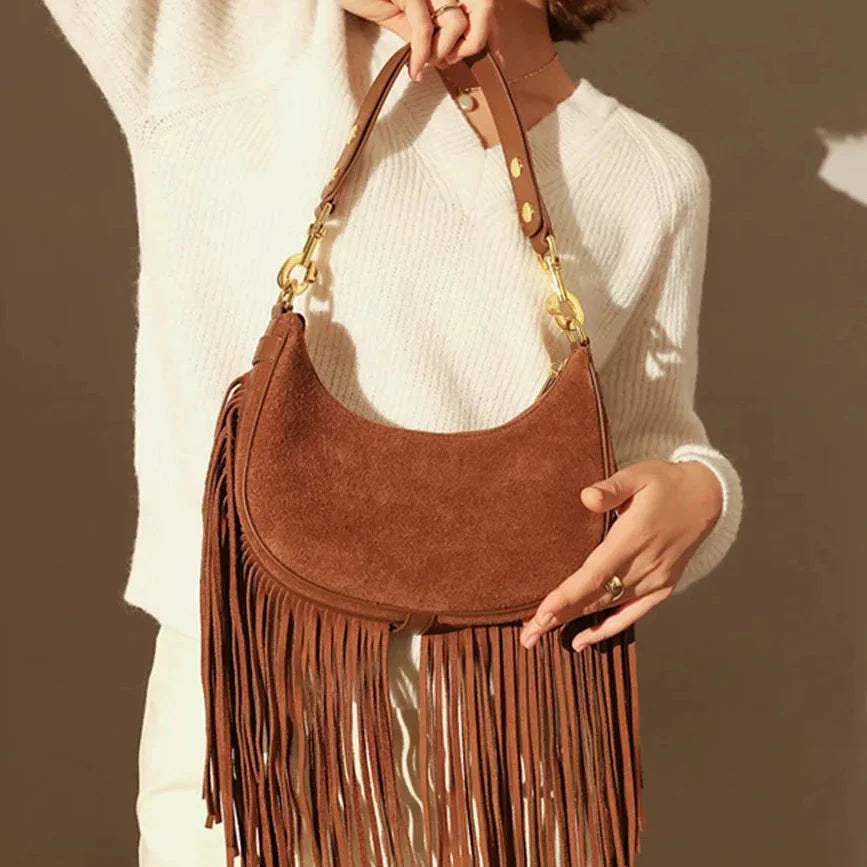 Hemi Tassel Fringed Suede Hobo Bag