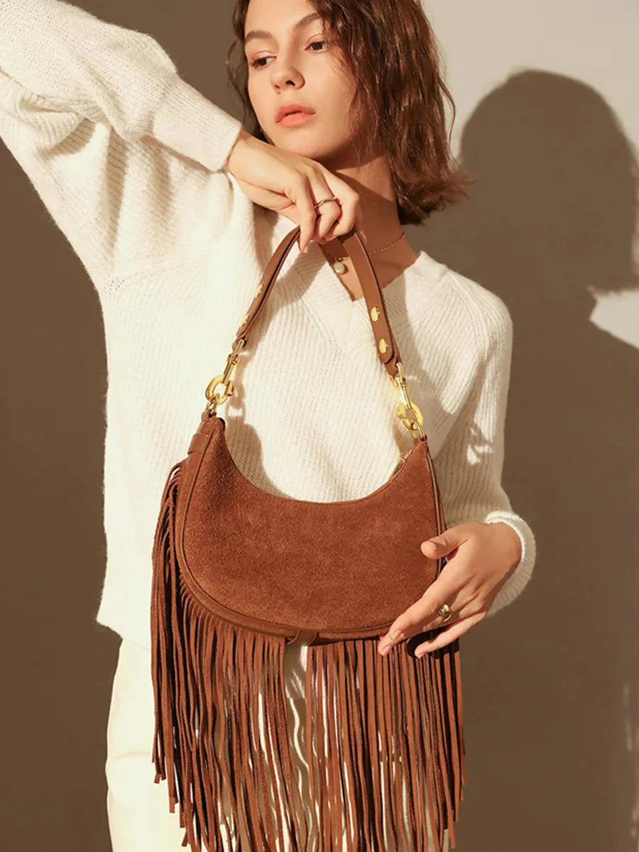 Hemi Tassel Fringed Suede Hobo Bag