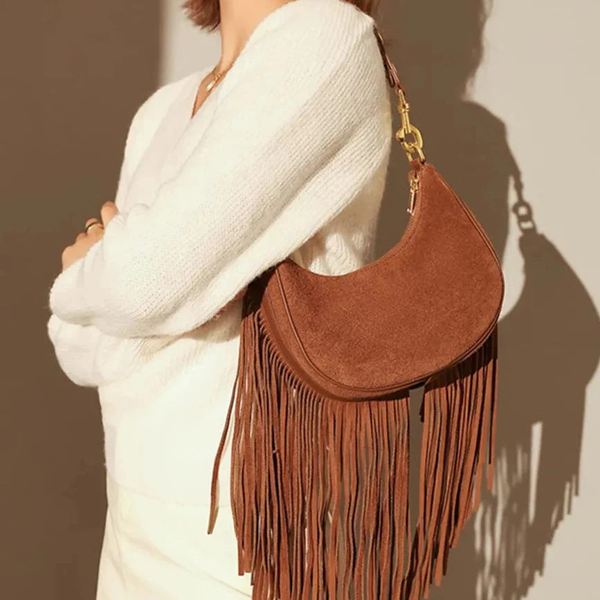 Hemi Tassel Fringed Suede Hobo Bag