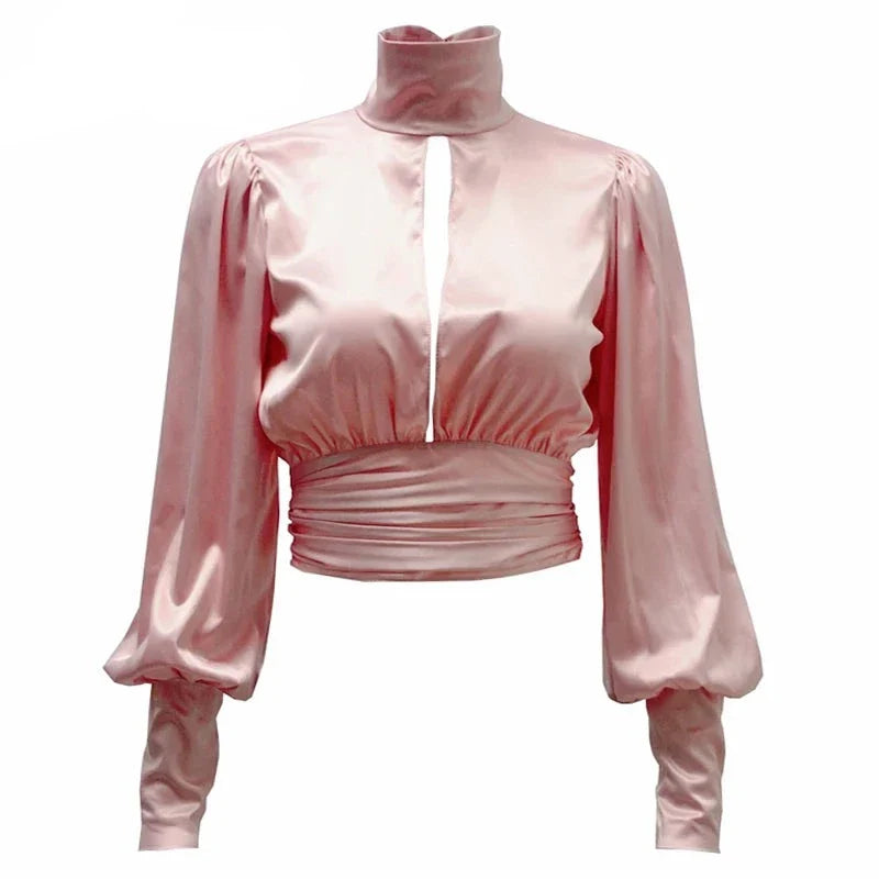 Liz Turtleneck Backless Cropped Satin Blouse
