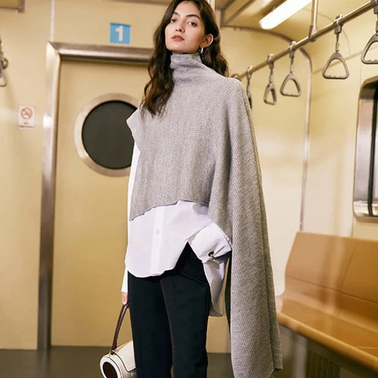 Krie Asymmetric Shoulder Turtleneck Cape Sweater