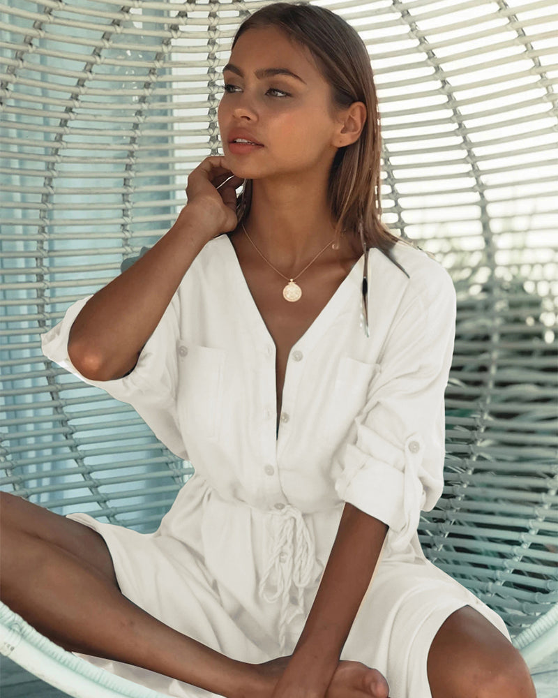 Button Pockets Front Open Self Belted High Waist Summer Dress