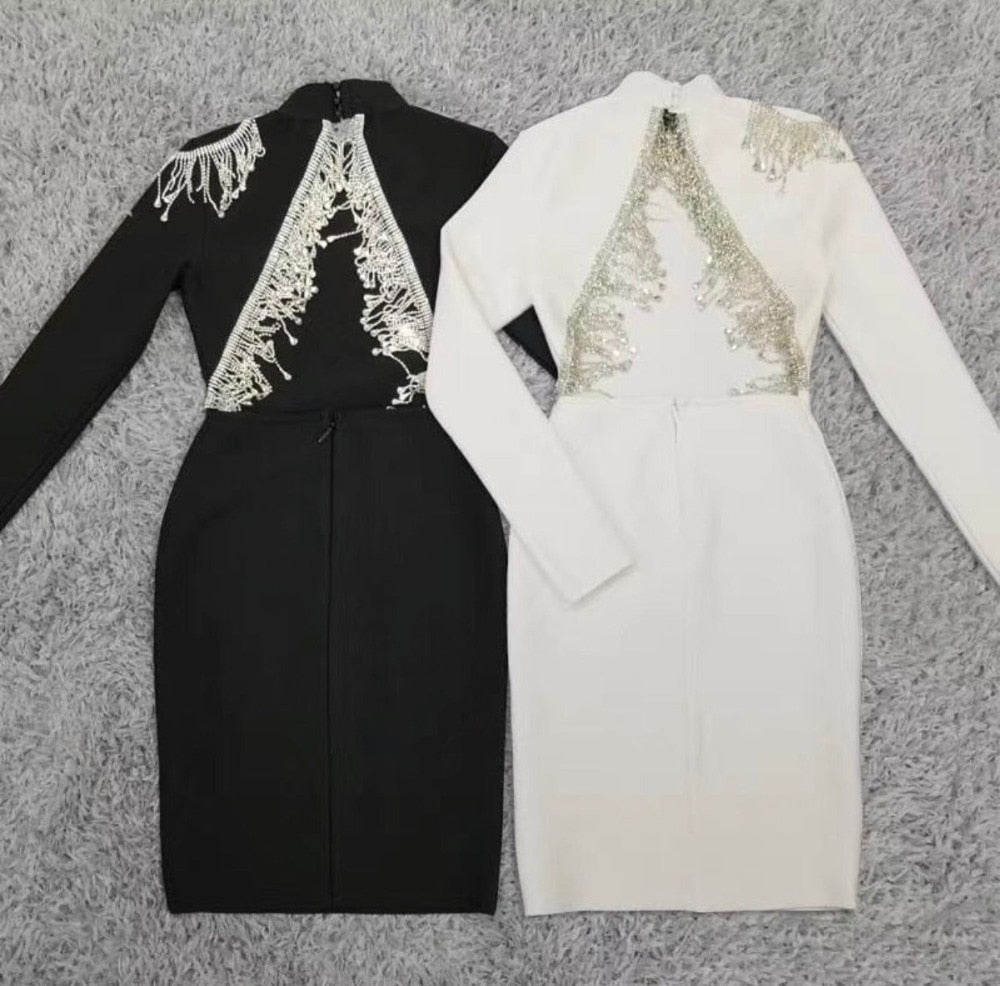 High-Quality Red Black Sparkly Backless Diamonds Tassel Rayon Bandage Dress