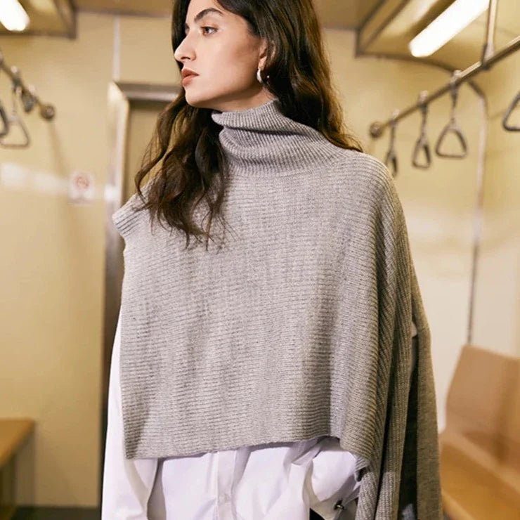 Krie Asymmetric Shoulder Turtleneck Cape Sweater